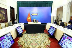 Bộ trưởng Bộ Ngoại giao Bùi Thanh Sơn tham dự Hội nghị những người bạn của Mekong (FOM) lần thứ nhất theo hình thức trực tuyến. (Ảnh: Phạm Kiên/TTXVN)