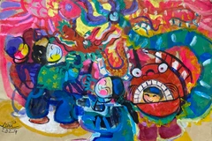 Tác phẩm "Mùa trăng tròn," acrylic và nhũ vàng trên giấy dó của Bình Nhi.