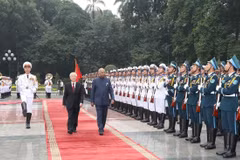 Tổng Bí thư, Chủ tịch nước Nguyễn Phú Trọng và Tổng thống Ấn Độ Ram Nath Kovind duyệt Đội danh dự Quân đội nhân dân Việt Nam ngày 20/11/2018. (Ảnh: Trí Dũng/TTXVN)
