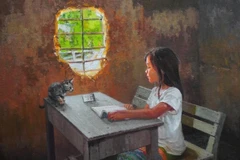 Tranh của Đỗ Quyên Hoa, ''Em vẫn tìm con chữ.'' (Ảnh: Ban tổ chức)
