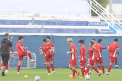 Các cầu thủ Việt Nam trong buổi luyện tập. (Ảnh: Hoàng Linh - TTXVN)
