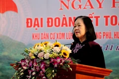 Trưởng Ban Tổ chức Trung ương Trương Thị Mai phát biểu tại Ngày hội Đại đoàn kết. (Ảnh: Thanh Hải/TTXVN)