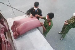 Lực lượng chức năng kiểm tra số lượng hàng hóa được vận chuyển trên xe các tải. (Ảnh: TTXVN phát)