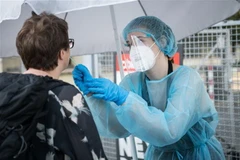 Nhân viên y tế lấy mẫu xét nghiệm COVID-19 tại một điểm xét nghiệm di động ở Kreuzberg, Berlin (Đức). (Ảnh: AFP/TTXVN)