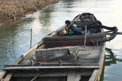 Tang vật, phương tiện liên quan đến hoạt động khai thác cát trái phép. (Ảnh: TTXVN phát)