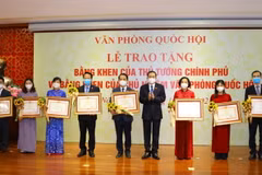  Phó Chủ tịch Thường trực Quốc hội Trần Thanh Mẫn trao Bằng khen của Thủ tướng Chính phủ cho các tập thể. (Ảnh: Nguyễn Điệp/TTXVN)