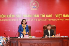 Bà Trương Thị Mai, Ủy viên Bộ Chính trị, Bí thư Trung ương Đảng, Trưởng Ban Tổ chức Trung ương, Trưởng đoàn công tác phát biểu chỉ đạo buổi làm việc. (Ảnh: Phương Hoa/TTXVN)