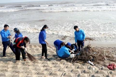Làm vệ sinh bãi biển Lộc Hà, Hà Tĩnh. (Ảnh: Công Tường/TTXVN)