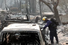 Lực lượng cứu hộ tìm kiếm nạn nhân sau vụ cháy rừng tại Paradise, California ngày 18/11/2018. (Nguồn: THX/TTXVN)