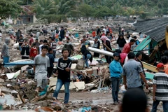 Nhân viên cứu hộ tìm kiếm nạn nhân thảm họa sóng thần tại South Lampung, Indonesia ngày 23/12. (Nguồn: AFP/TTXVN)