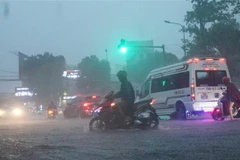 Các phương tiện tham gia giao thông gặp khó khăn do mưa lớn tại Nghệ An. (Ảnh: Nguyễn Oanh/TTXVN)