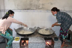 Sản xuất mứt dừa thủ công. (Ảnh: Huỳnh Phúc Hậu/TTXVN)