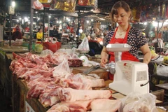 Quầy bán thịt lợn tại chợ Phường 5, thành phố Đông Hà (Quảng Trị). (Nguồn: TTXVN)
