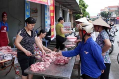 Người dân mua thịt lợn bán tại chợ thuộc huyện Khoái Châu, Hưng Yên. (Ảnh: Phạm Kiên/TTXVN)