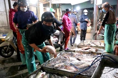 Chợ Phùng Khoang mỗi ngày đêm cung cấp hơn 10 tấn rau, củ, quả, thịt, cá các loại. (Ảnh: Vũ Sinh/TTXVN)