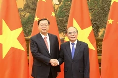 Chủ tịch Quốc hội Nguyễn Sinh Hùng và Chủ tịch Nhân Đại Trương Đức Giang tại lễ đón. (Ảnh: Nhan Sáng/TTXVN)