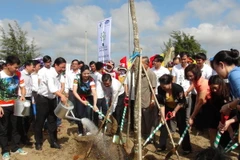 Trồng cây tại Khu di tích đường Hồ Chí Minh trên biển. (Ảnh: Trần Thị Thu Hiền/TTXVN)
