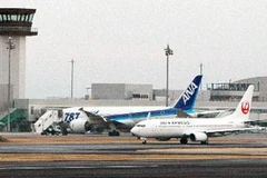 Máy bay Boeing 787 Dreamliner (trái) của hãng ANA tại cửa sân bay Takamatsu, quận Kagawa, miền tây Nhật Bản ngày 17/1. (Nguồn: AFP/TTXVN)