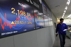 Bảng theo dõi chỉ số Kospi tại Ngân hàng Hàn Quốc. (Nguồn: Reuters) 