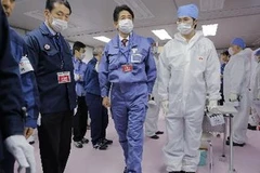 Tân Thủ tướng Shinzo Abe (giữa) trong chuyến thị sát nhà máy điện hạt nhân Fukushima. (Nguồn: AFP/TTXVN)
