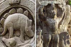 Bức điêu khắc tượng Garuda (bên phải) và thằn lằn gai sống tại khu đền đài Angkor, Campuchia. (Ảnh: Internet)