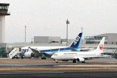 Máy bay Boeing 787 Dreamliner (trái) của hãng ANA tại cửa sân bay Takamatsu, quận Kagawa, miền tây Nhật Bản ngày 17/1. (Nguồn" AFP/TTXVN)
