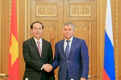 Chủ tịch nước Trần Đại Quang hội kiến với Chủ tịch Duma Nga Vyacheslav Volodin. (Ảnh: Nhan Sáng/TTXVN)