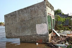 Tuyến dân ven cửa biển Gành Hào (huyện Đầm Dơi) luôn chịu ảnh hưởng nặng nề từ sạt lở. (Ảnh: Huỳnh Thế Anh/TTXVN)