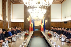 Thủ tướng Nguyễn Xuân Phúc và Thủ tướng Romania Viorica Dancila tiến hành hội đàm. (Ảnh: Thống Nhất –TTXVN)