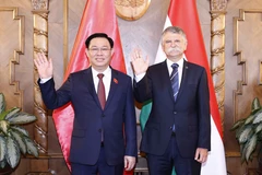 Chủ tịch Quốc hội Hungary László Kövér đón và hội đàm với Chủ tịch Quốc hội Vương Đình Huệ. (Ảnh: Doãn Tấn/TTXVN)