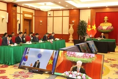 Sáng 8/6, tại Trụ sở Trung ương Đảng, Tổng Bí thư Nguyễn Phú Trọng hội đàm trực tuyến với Tổng thống Hàn Quốc Yoon Suk-yeol. (Ảnh: Trí Dũng/TTXVN)