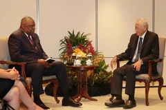 Bộ trưởng Quốc phòng Singapore Ng Eng Hen và người đồng cấp Mỹ Lloyd Austin. (Nguồn: straitstimes.com)