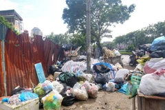 Rác phủ kín vỉa hè phố Hoàng Ngân, quận Cầu Giấy (ảnh chụp sáng 17/6). (Ảnh: Tuấn Đức/TTXVN)