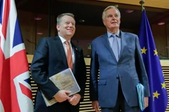 Trưởng đoàn đàm phán Brexit của EU Michel Barnier (phải) và Bộ trưởng phụ trách Brexit của Anh David Frost tại vòng đàm phán đầu tiên về quan hệ giữa hai bên hậu Brexit, ở Brussels, Bỉ ngày 2/3 vừa qua. (Ảnh: AFP/TTXVN)