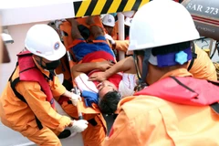 Lực lượng cứu hộ đưa thuyền viên về bờ. (Ảnh: Trần Hoàng Ngọc/TTXVN)