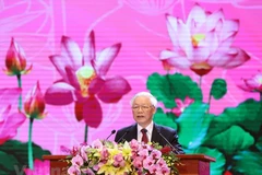 Tổng Bí thư, Chủ tịch nước Nguyễn Phú Trọng đọc diễn văn tại Lễ kỷ niệm. (Ảnh: PV/Vietnam+)