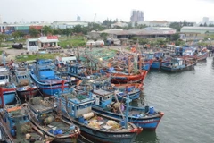 Các phương tiện tàu, thuyền di chuyển về nơi neo đậu an toàn tại âu thuyền Thọ Quang. (Ảnh: Đinh Văn Nhiều/TTXVN)