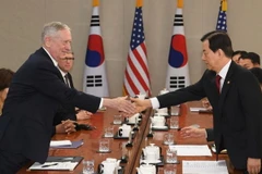 Bộ trưởng Quốc phòng hai nước bắt tay tại buổi gặp. (Nguồn: Yahoo)