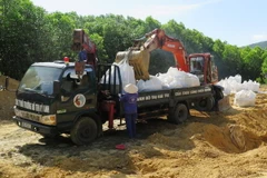 Cất bốc chất thải lên ôtô để chuyển về tạm giữ tại kho của Công ty TNHH MTV Chế biến chất thải công nghiệp Hà Tĩnh. (Ảnh: Phan Quân/TTXVN)