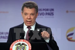 Tổng thống Colombia Juan Manuel Santos trong cuộc họp báo ở Bogota ngày 3/10. (Nguồn: EPA/TTXVN)