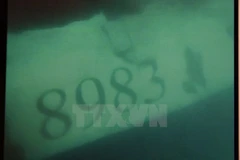 Thân vỏ máy bay CASA-212 ghi rõ số hiệu máy bay (chụp dưới biển). (Ảnh: Minh Tuấn - Thông tấn Quân sự/TTXVN phát) 