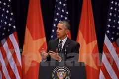 Tổng thống Hoa Kỳ Barack Obama phát biểu trước hơn 2.000 học sinh, sinh viên Hà Nội. (Ảnh: Minh Sơn/Vietnam+)