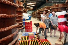 Du khách nước ngoài tham quan cơ sở sản xuất nước mắm đặc sản tại thị xã An Thới, huyện Phú Quốc. (Ảnh: Đình Huệ/TTXVN)