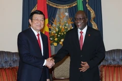 Tổng thống Tanzania John Magufuli đón Chủ tịch nước Trương Tấn Sang. (Ảnh: Nguyễn Khang/TTXVN)