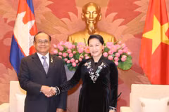 Chủ tịch Quốc hội Nguyễn Thị Kim Ngân tiếp Phó Chủ tịch Quốc hội Campuchia Tep Ngorn. (Ảnh: Trọng Đức/TTXVN)