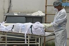 Nhân viên y tế chuyển thi thể bệnh nhân COVID-19 tại New Delhi, Ấn Độ, ngày 18/5/2021. (Ảnh: THX/ TTXVN)