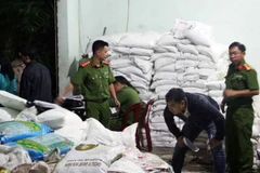 Thu giữ tang vật tại một cơ sở sản xuất phân bón giả. (Ảnh: Phạm Kha/TTXVN)
