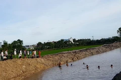 Công tác tìm kiếm thi thể em Huỳnh Tấn Thuận. (Ảnh: Công Mạo/TTXVN)