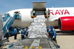 Các lực lượng tiếp nhận hàng cứu trợ của ASEAN tại sân bay quốc tế Cam Ranh. (Ảnh: Nguyên Lý/TTXVN)