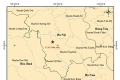 Bản đồ chấn tâm trận động đất xảy ra tại huyện Mỹ Đức, thành phố Hà Nội. (Nguồn: Viện VLĐC)